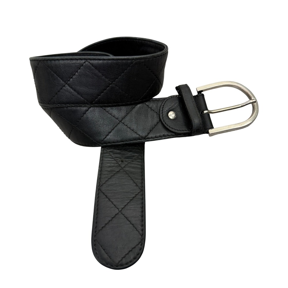 Lodis Belt Womens OS Black Quilted Leather Wide Silver Buckle Made in Italy
